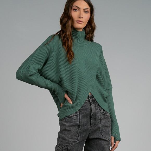 Elan Keegan Green Cable Knit Ribbed Criss-Cross Front High Neck Relaxed Sweater - Picture 3 of 9